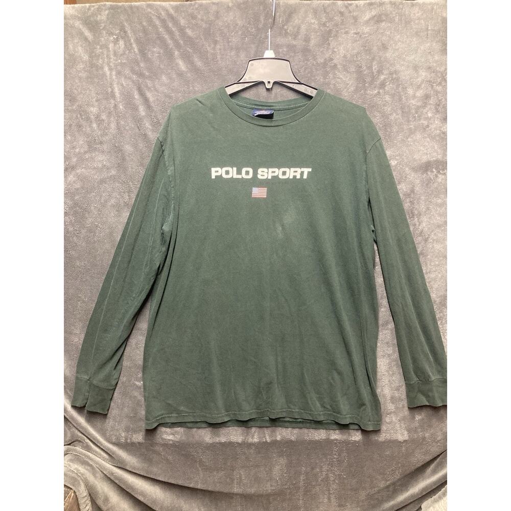 VTG 90s Polo Sport Ralph Lauren Spell Out Long Slv Tee Green L USA Flag Thrashed